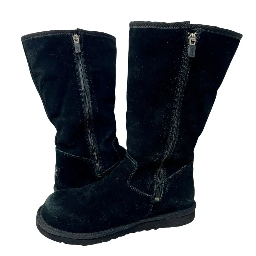 UGG Black Suede Zip Sunshine Tall Boots‎ Sz 6 Shearling Winter Snow Classic 90s